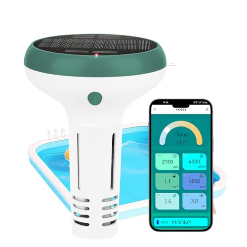 EZTOCH Smart Pool Monitor, Wireless Chlorine Pools Monitor Solar Charged pH Salinity Tester for Saltwater Pool, 7 in 1 Remote Monitoring pH Salt ORP Free Chlorine EC TDS Temp in Hot Tub, Spa