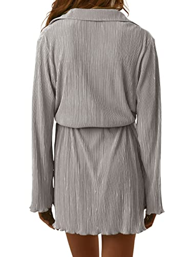LYANER Women's Collar V Neck Button Down Pleated Long Sleeve Mini Shirt Dress with Belt2