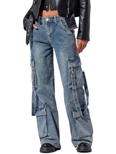 utcoco Women's Boyfriend Cargo Jeans Baggy Low Waist Wide Leg Denim Pants with Multi Pockets and Straps
