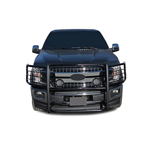 Image of Black Horse Grille brush Bumper Guard Modular Come with Pair of 5.3 inch Dia.LED Lights with Black Trim Rings Compatible with 2015-2024 Ford F-150-17FP32MA-PLFB