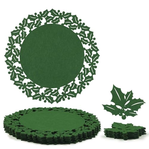 Noctiflorous Round Felt Placemats with Coasters Set of 6 Diameter 13 inch Non Slip Place Mats Heat Resistant Durable Tablemats Fall Table Decorations for Dining Table(Christmas Green, 6)