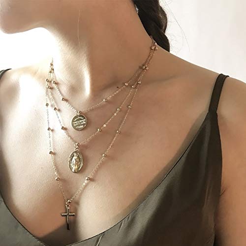 Haloty Boho Layering Coin Pendant Necklace Gold Cross and Virgin Mary Necklace Chain Beads Jewelry for Women and Girls
