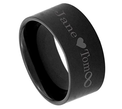 Personalized Outside Inside Engraving Tungsten Carbide Wedding Band Ring 12mm Flat Wide Bulky Black Ring