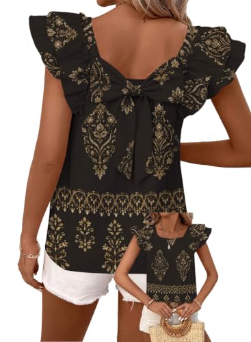 Image of Falechay Womens Bow Tie Back Tops Round Neck Ruffle Short Sleeve Shirts Cute Babydoll Chiffon Tee Women Summer Trendy Tunic