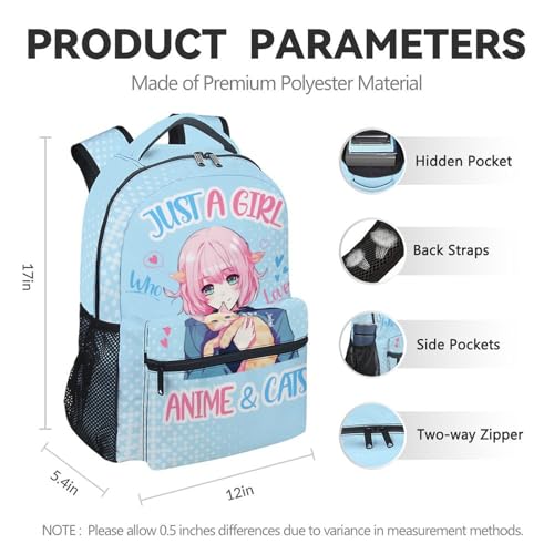 School Backpack for Girls, 17 Inch Cute Backpacks for Kids, Blue Portable Lightweight Bookbag for Middle School4