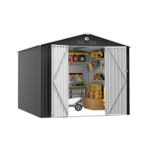 Softkiss 10x12 FT Outdoor Storage Shed, Metal Garden Shed - Tool Storage Sheds with Lockable Doors, Waterproof Outside Storage Building for Backyard, Patio (Black; Floor Not Included)