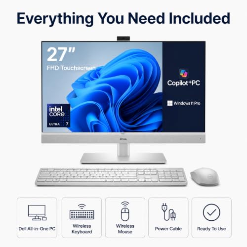 Image of Dell 27 inch Touchscreen All-in-One Desktop Computer, Intel Core Ultra 7 355U, FHD (1920 x 1080) IPS Touchscreen, 64 GB DDR5 RAM, 2 TB SSD, Windows 11 Pro, Copilot+ AI, White, for Business & Student