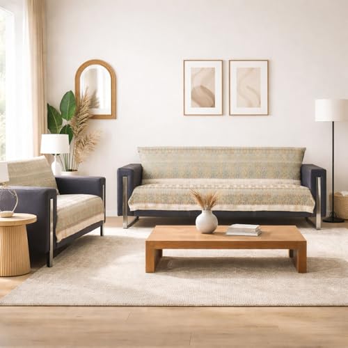 Image of Elegant Woven Green Sofa Cover - Soft Chenille Traditional Pattern with Lace Style | L-Shape Sectional Seat Protector for Living Room | Durable & Stylish Slipcover 3+2 Seater Sofa Cover