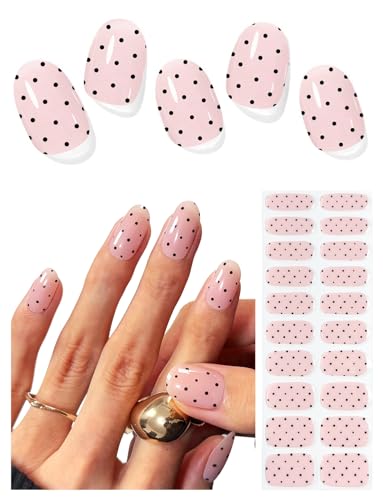 AutyaMee Semi Cured Gel Nail Strips (Black Polka Dot), Bare Pink, 20 Pcs Gel Nail Wraps, Stickers, Long Lasting, Works With Any UV Lamps
