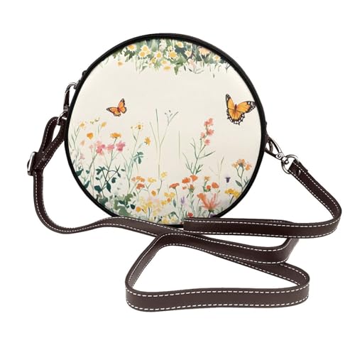Sac à bandoulière rond femme papillon marguerite en cuir végétalien imprimé