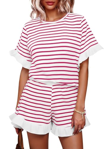 Image of Tankaneo Womens 2 Piece Striped Shorts Set Ruffle Short Sleeve Tops Hight Waist Shorts Matching Sets Summer Vacation Outfits