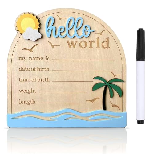 Baby Announcement Sign, ​5.9 Inch Wooden Hello World Newborn Signs, Birth Announcement Sign, Tropical Ocean Waves Decoration, Welcome Newborn Arrival to World, Hospital Nursery for Baby (Blue)