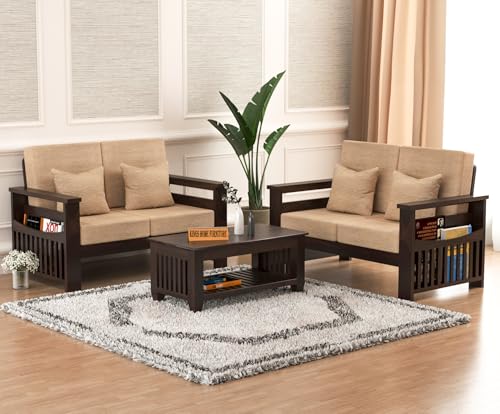 Image of Sheesham Wooden 4 Seater Sofa for Living Room | Rosewood 4 Seater Cushion Sofa Side Half Moon Rack | Solid Wood Sofa Set for Lounge (-2+2,Walnut)