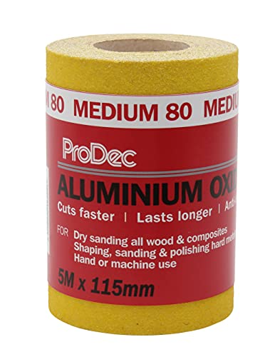 ProDec 5m Roll 80 Grit Medium Grade Yellow Aluminium Oxide Abrasive Sanding Paper for Sanding Wood Paint Plaster Filler Metal and More 115mm Wide Sandpaper Compatible with Machine Sanders