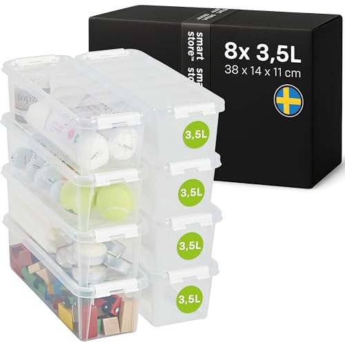 SmartStore - 8x Boîte de Rangement Plastique avec Couvercle Classic 3,5L (38x14x11cm) | Empilable et de Qualité Alimentaire | Boîte Plastique avec Couvercle & Coins Renforcés | Garantie 10 Ans
