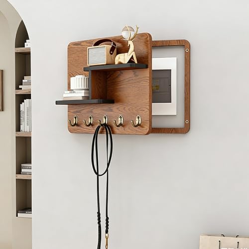 Fuse Box Cover Cabinet, Wall Mounted Fuse Box Cover Cabinet, Wooden with Shelf &amp; Hooks, for Living Room Home Office(Brown-b,55 * 45cm/21.7 * 17.7in)
