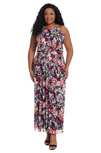 Image of London Times Women's London Times Mesh Halter Maxi Dress with Ruched Waistband Flowy Bohemian Beach Dresses