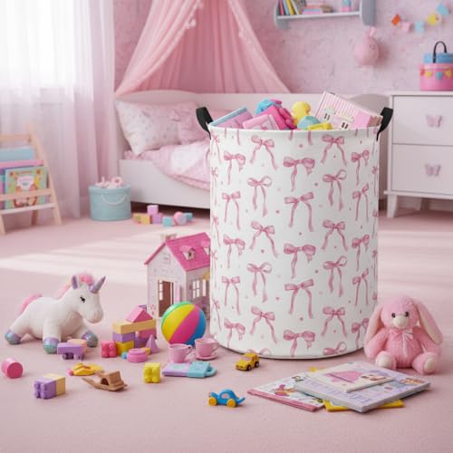 Image of Baby Laundry Basket Kids Hamper Toy Storage Bin for Boys Room Decor Baby Nursery Hamper Gift Baskets for Bedroom Bathroom(Dot Bowknot)