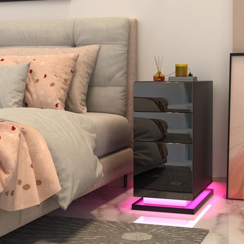 Chleby Comodino Lucido Nero Comodino con presa Tavolino con 3 cassetti Comodini con LED Stile B-Nero