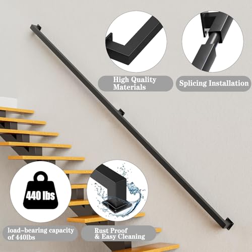 6FT Staircase Handrail for Indoor Stairs, Modern Hand Railings Grab Bar Kit with Black Finished, Non-Slip Wall Mount Decking Railings for Elderly and Children (72inch / 6ft, Black) by Sipai - Image 5