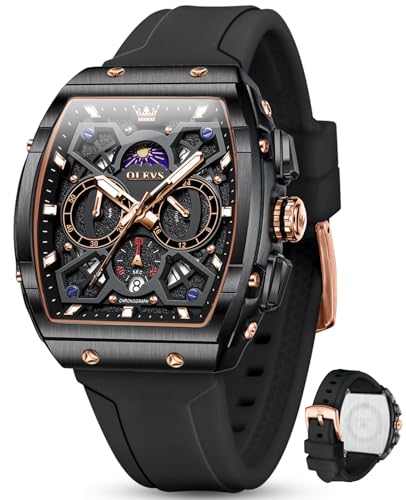OLEVS Watch for Men Black Silicone Strap 3ATM Waterproof Classic Men Wrist Watch Analog Quartz Casual Multifunctional Moon Phase Square Men Watch Reloj para Hombre Perfect for Social Events