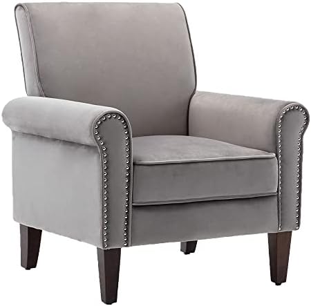 Morden Fort Accent Bedroom Chair Velvet Upholstered Armchair for Bedroom Living Room Club Office-(Grey)