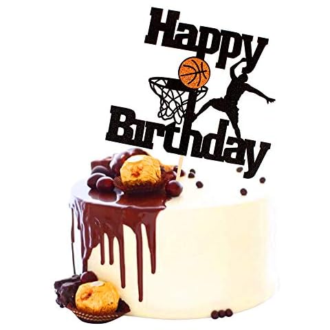 Unimall Basketball Happy Birthday Cake Topper Basketball Scene Themed Cake Fruit Picks for Man Boys Father Birthday Event Party Supply Black Glitter Decorations 1 Pack Cover