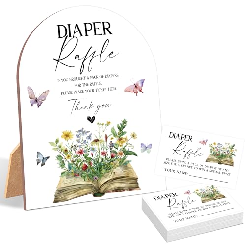 51 Pcs Storybook Diaper Raffle Game, Wildflower Butterfly Baby Shower Game, 6x8 Inch Arch Wooden Sign with Stand and 50 Diaper Raffle Tickets, Gender Neutral Party Decoration - JY08