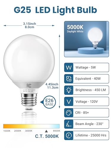 Image of TJOY G25 LED Globe Light Bulbs, Vanity Bulb for Bathroom 40W Equivalent | 5000K Daylight White E26 Base, Round Decorative Bulb for Vanity Makeup Mirror, CRI85+, 450LM, Non-Dimmable, UL, 4 Pack