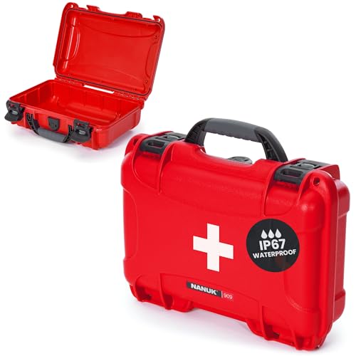 Image of NANUK 909 Waterproof First Aid Box Empty - Durable, Medical First Aid Organizer Case, IP67-Rated, Dustproof, Impact-Resistant, and Floats (11.4 inch x 7.0 inch x 3.7 inch) - Red | IP67 Waterproof and Dustproof, Nk-7 Resin Shell, Powerclaw Latches, Interior 11.4 X 7.0 X 3.7 in, Floats