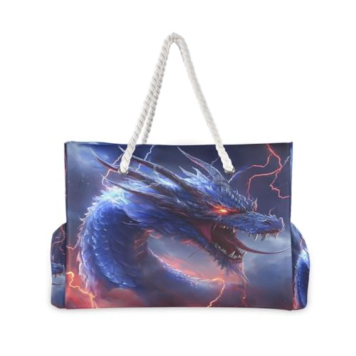 Large Beach Bags Totes Canvas Tote Shoulder Bag Blue Dragon Water Resistant Bags for Gym Travel Daily2