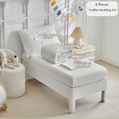 Image of DuShow White 4 Pieces Toddler Bedding Set for Boys Girls,Embroidery Microfiber Crib Bed Sheets Set Soft Boho Comforter Set Bed in a Bag, Include Quilted Comforter,Flat Sheet,Fitted Sheet,Pillowcase