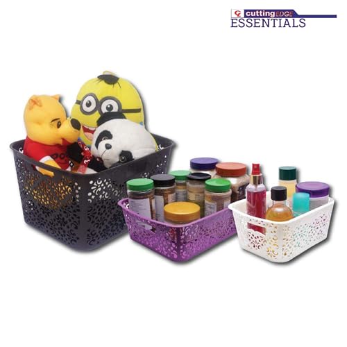 Image of Cutting Edge Essentials Plastic Storage Baskets /Shelf /Turkish Rack without Lid - Set of 3 for Fruit Vegetable Bathroom Stationary Home Basket with Handle (Black, 1 Medium, 2 Small)
