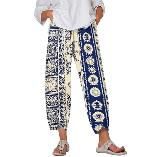 Image of DMOYALA Linen Pants for Women Summer Casual Wide Leg Capri Pants Loose Fit Palazzo Pants Cropped Beach Pants with Pockets