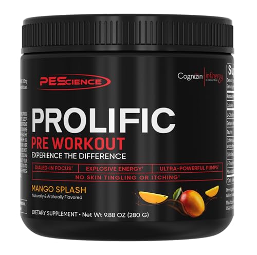 Image of PEScience Prolific Pre Workout Powder for Men & Women with L-Citrulline Nitric Oxide Booster, Energy Powder & Nootropic for Focus - Preworkout Without Beta Alanine - 40 Scoops, Mango Splash