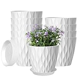 zople 10 Pack 5 Inch Plant Pots with Drainage and Saucers, White Plastic Flower...