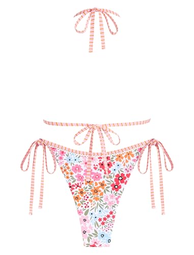 Image of ZAFUL Womens Printed Triangle Bikinis 2 Piece Halter Bikini Sets High Cut Bathing Suit Side Tie Swimsuits