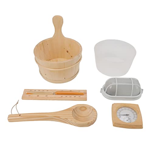 XHTLLO 4L Sauna Room Wooden Bucket Kit Bath Bucket Spoon Hygrothermograph Explosion Proof Lamp Hourglass Set with Liner