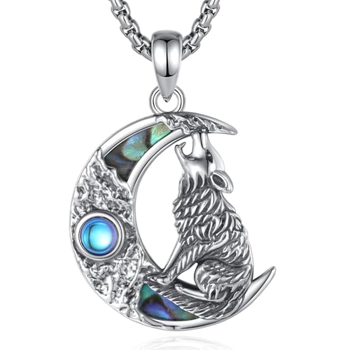 Inktree Viking Wolf Necklace Jewelry for Men Women, S925 Sterling Silver Wolf Viking Crescent Moon Pendant Necklace Norse Amulet Protection Jewelry Gifts for Men Women 22"+2"