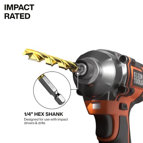 Image of Klein Tools 53621 21-Piece Titanium Drill Bit Set, Impact-Rated, 1 /4-Inch Hex Shank, Cuts Metal, Plastic, Wood, 15 Unique Sizes