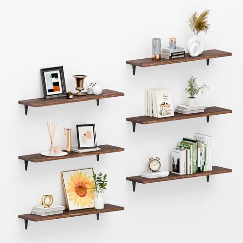 Image of SKYSEN Floating Shelves for Wall Set of 6, 23.6in Wood Wall Shelf for Decor, Bathroom, Bedroom, Storage, Book,Kitchen, Living Room - Dark Brown(fs-60-d)
