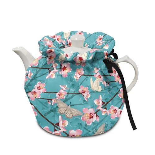 Image of Cherry Blossom Butterfly Insulated Kettle Cover for Kitchen Tea Cozies to Keep Tea Warm, Teapot Cozy Breakfast Warmer for Home Indoor Table Decorations
