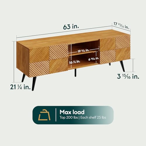 Image of Bme Rhombus Wooden TV Stand with Storage Cabinets - Solid Rubber Wood, Geometric Rhombus Pattern Doors, Scandinavian Modern Entertainment Console with Metal Base
