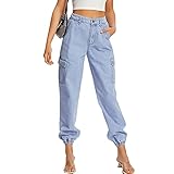 LONGYIDA Women's High Waisted Jean Joggers Elastic Waist Boyfriend Cargo Jeans Casual Loose Denim Joggers Stretch Pants(Light Blue,M)
