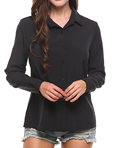 Zeagoo Women s Long Sleeve Casual Polka Dot Button Up Office Blouse Shirt Top Solid Black Small
