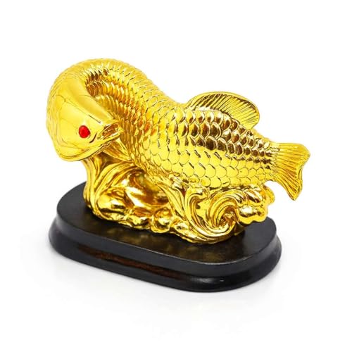 Image of Feng Shui Golden Arowana Fish Looking Back Idol for Money Collection & Career Luck | Vastu Wealth Symbol Showpiece for Office, Shop, Study Table & Home Decor | Gold Finish with Red Eye