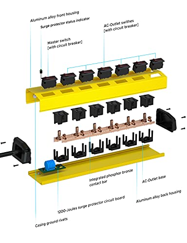 Crst 6-Outlet Heavy Duty Metal Power Strip With Individual Switches And Flat Plug, 15Amp/1875W Surge Protector (1200 Joules), 6-Feet 14Awg Cord With Hook And Loop Fastener #TOP2