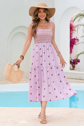 Image of R.Vivimos Womens Summer Cotton Boho Midi Dress 2026 Spaghetti Strap Floral Embroidered Smocked Tiered Flowy Long Dresses