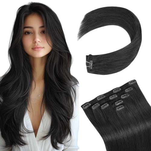 MEI YUAN LIN Clip In Hair Extensions Human Hair Natural Black Real Hair Extensions Clip In Human Hair For Short Straight 12inch 5pcs 80g