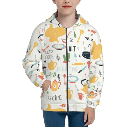 Kitchen Doodle Pattern Kids Pullover Hoodies Boys Zip Up Sweatshirts Girls Athletic Clothes with Pocket3